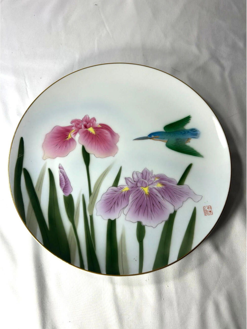 Vintage Fukagawa Seiji Japanese Porcelain Plate Bird Iris Design with Gold Gilt